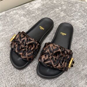 Fendi Brown Satin Slides